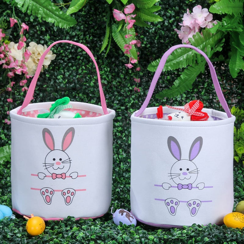 XinblueCo Easter Bunny Basket Egg Bags for Kids,Canvas Cotton Personalized Candy Egg Basket Rabbit Print Buckets with Fluffy Tail Gifts Bags for Easterâ€¦â€¦ - Image 5